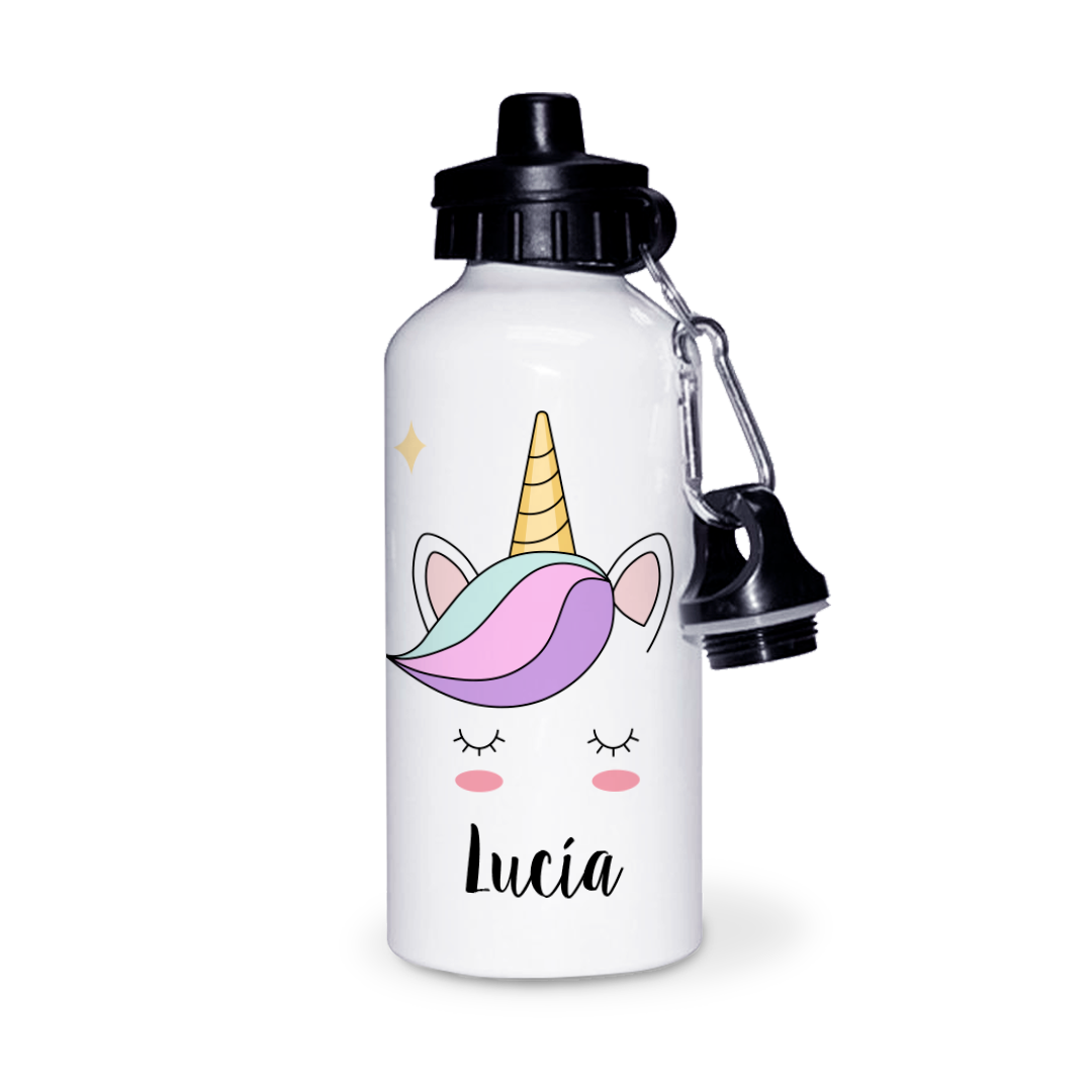 Botella de Aluminio Personalizada Infantil Cara Unicornio con Nombre