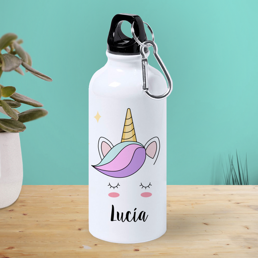Botella de Aluminio Personalizada Infantil Cara Unicornio con Nombre