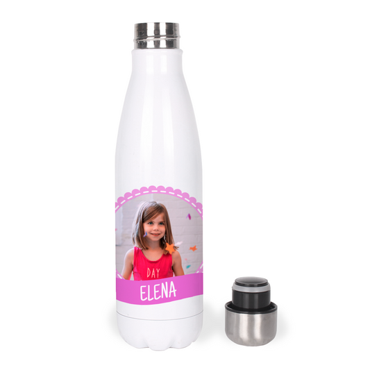 Botella Térmica, Termo de Acero Inoxidable para Agua Personalizada Infantil Con Foto, Nombre, Lazo Y Bandera