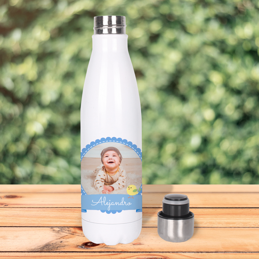 Botella Térmica, Termo de Acero Inoxidable para Agua Personalizada Infantil Pajarito Con Foto Y Nombre