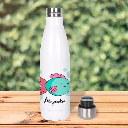 Botella Térmica, Termo de Acero Inoxidable para Agua Personalizada Infantil Pez Con Nombre