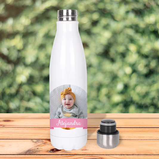 Botella Térmica, Termo de Acero Inoxidable para Agua Personalizada Infantil Con Foto, Nombre Y Lazo