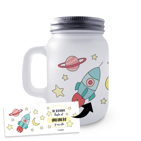 Jarra de Cristal con Tapa y Pajita San Valentín Te Quiero Hasta El Infinito Y Más Allá