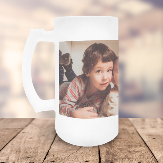 Jarra de Cerveza de Cristal Esmerilado Personalizada con Foto y Texto