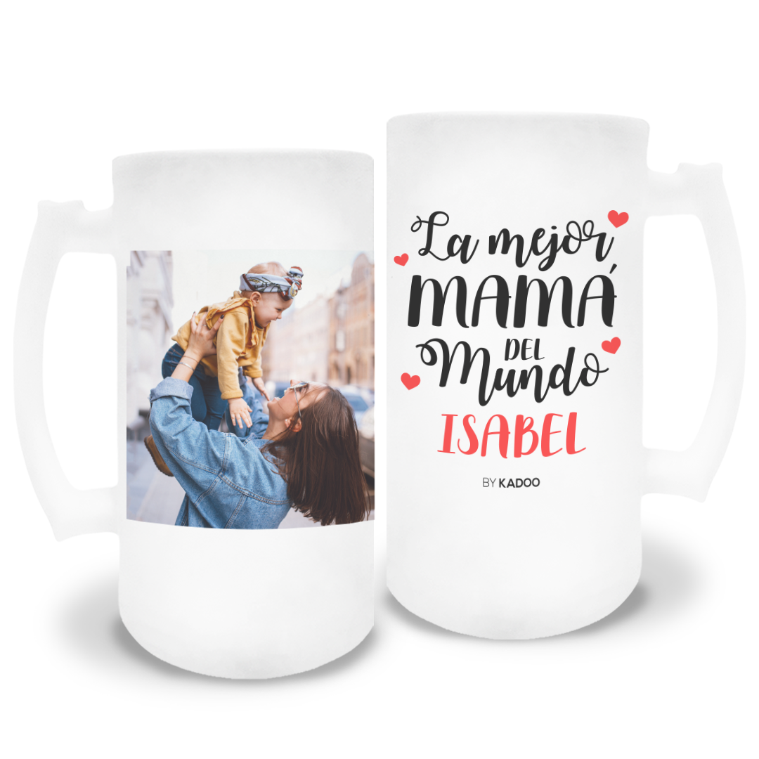 Jarra de Cerveza de Cristal Esmerilado Personalizada Día de La Madre La Mejor Mamá del Mundo