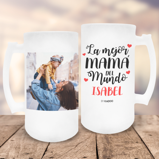 Jarra de Cerveza de Cristal Esmerilado Personalizada Día de La Madre La Mejor Mamá del Mundo