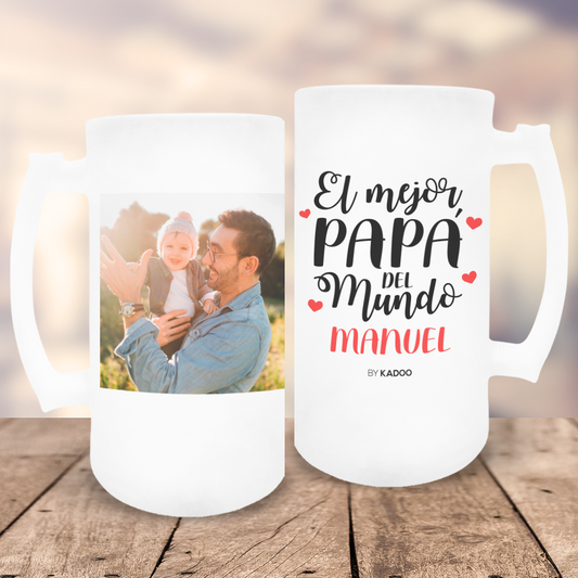 Jarra de Cerveza de Cristal Esmerilado Personalizada Día del Padre El Mejor Papá del Mundo