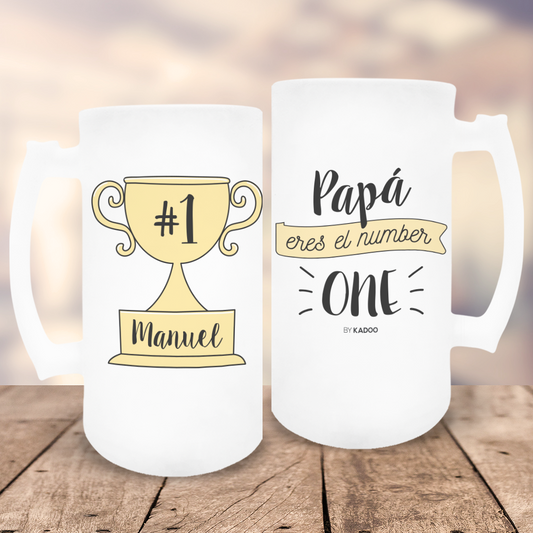 Jarra de Cerveza de Cristal Esmerilado Personalizada Día del Padre Papá Eres el Number One