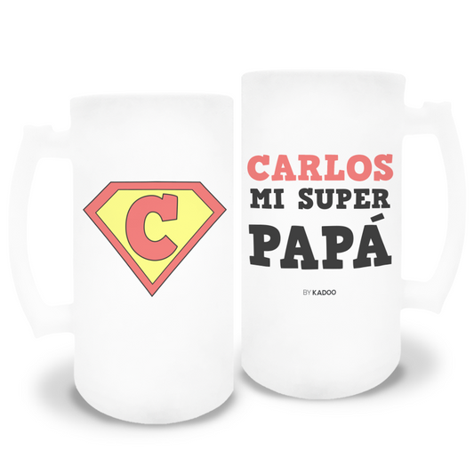 Jarra de Cerveza de Cristal Esmerilado Personalizada Día del Padre Super Papá