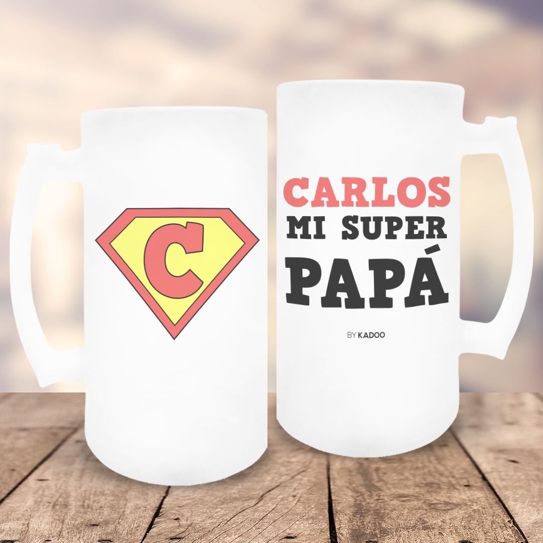 Jarra de Cerveza de Cristal Esmerilado Personalizada Día del Padre Super Papá