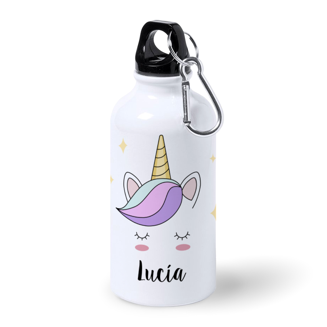 Botella de Aluminio Personalizada Infantil Cara Unicornio con Nombre