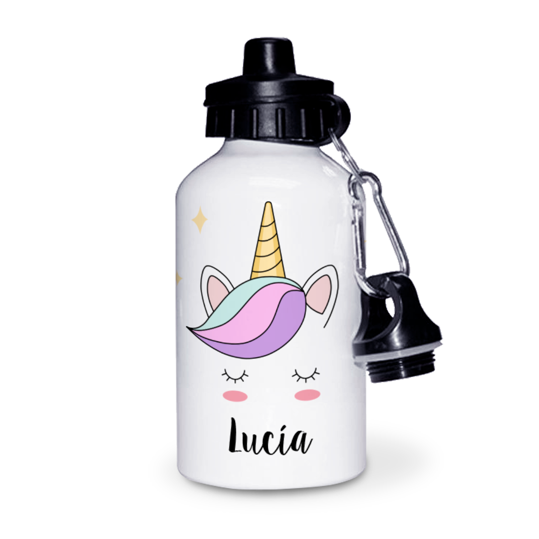 Botella de Aluminio Personalizada Infantil Cara Unicornio con Nombre
