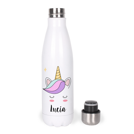 Botella Térmica, Termo de Acero Inoxidable para Agua Personalizada Infantil Cara Unicornio Con Nombre