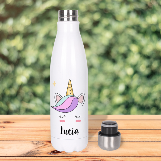 Botella Térmica, Termo de Acero Inoxidable para Agua Personalizada Infantil Cara Unicornio Con Nombre