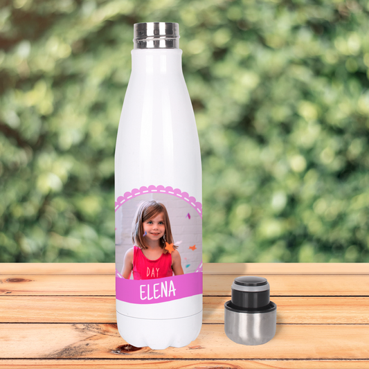 Botella Térmica, Termo de Acero Inoxidable para Agua Personalizada Infantil Con Foto, Nombre, Lazo Y Bandera
