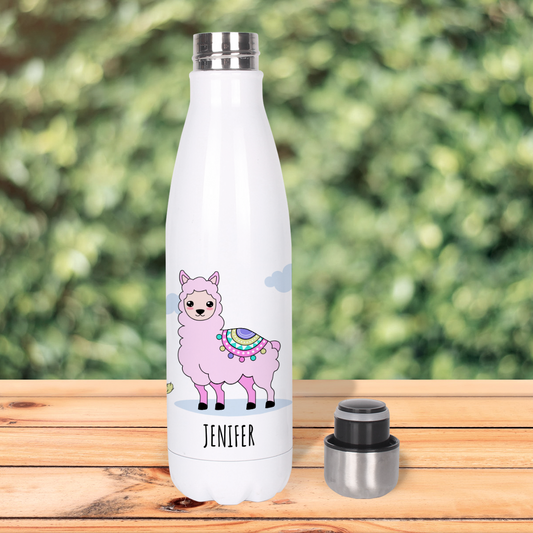Botella Térmica, Termo de Acero Inoxidable para Agua Personalizada Infantil Llama Rosa Con Nombre