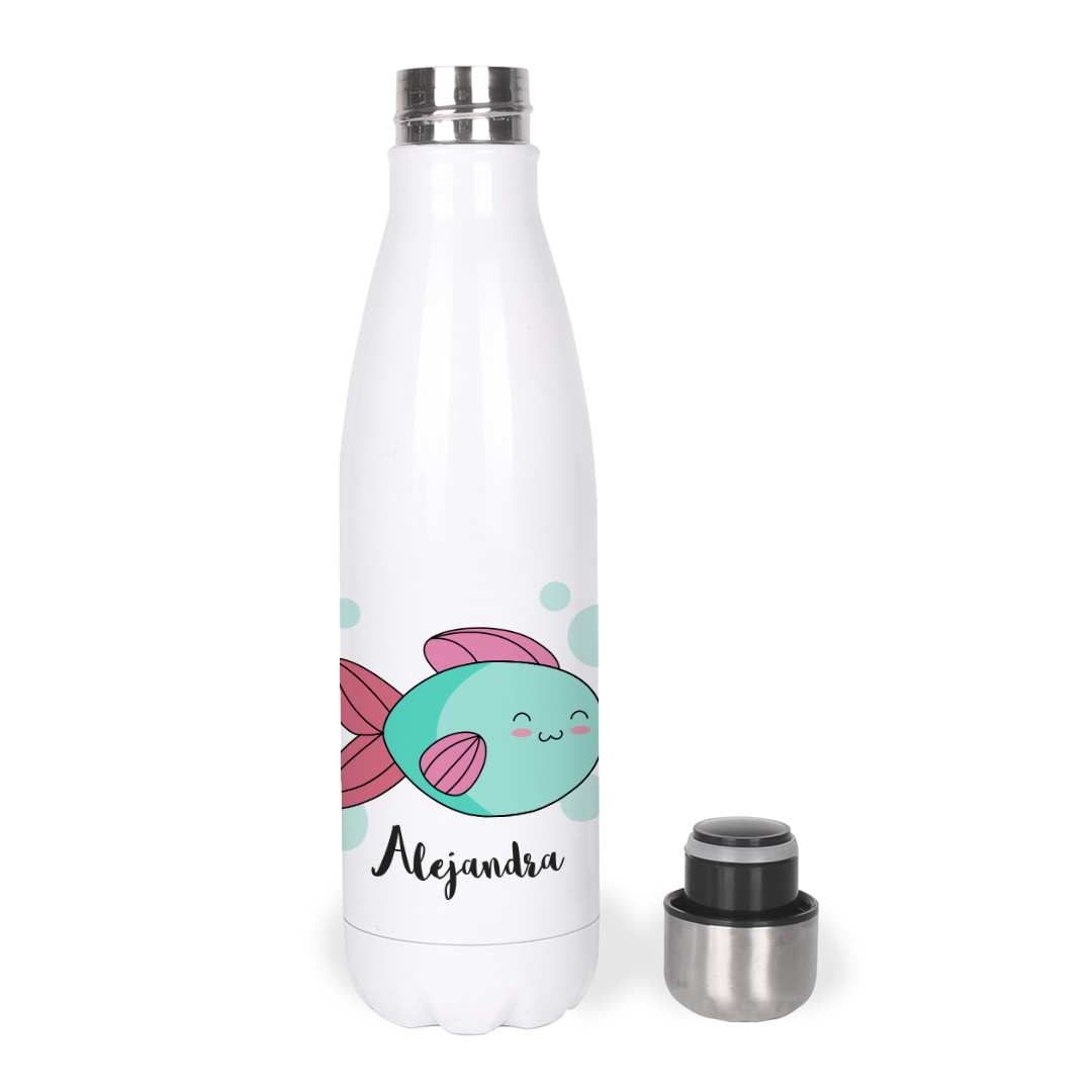 Botella Térmica, Termo de Acero Inoxidable para Agua Personalizada Infantil Pez Con Nombre