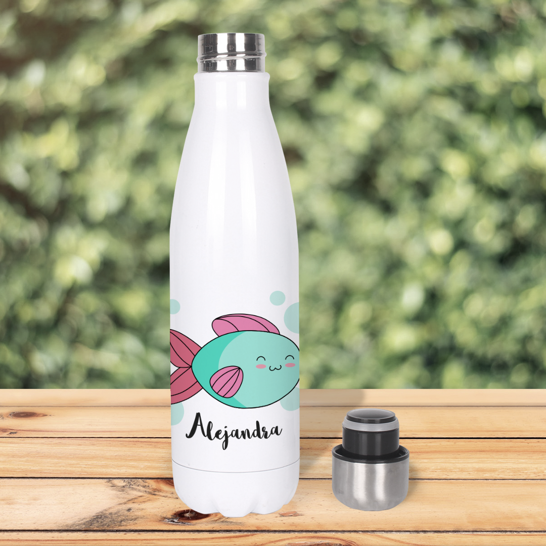 Botella Térmica, Termo de Acero Inoxidable para Agua Personalizada Infantil Pez Con Nombre